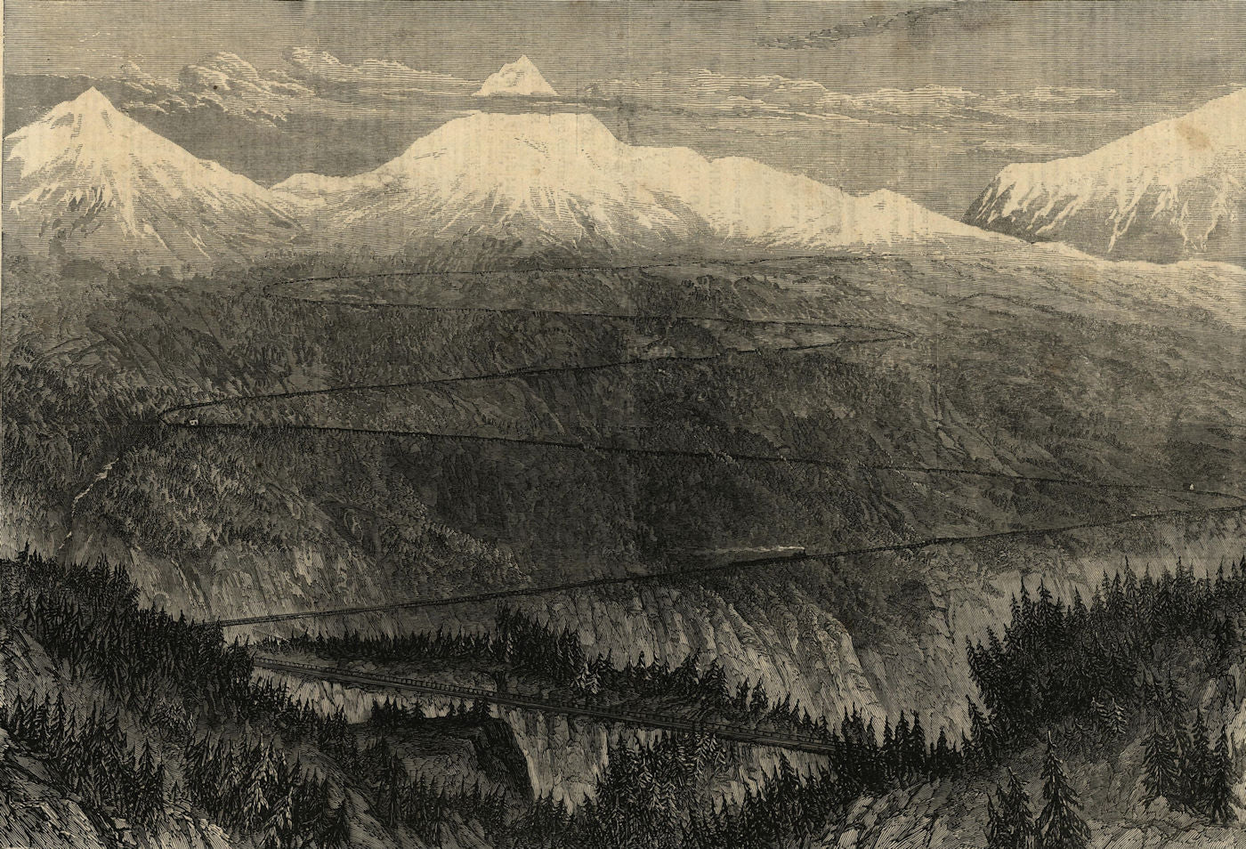 The railway over Mont Cenis: View above Lanslebourg. Savoie 1866 old print